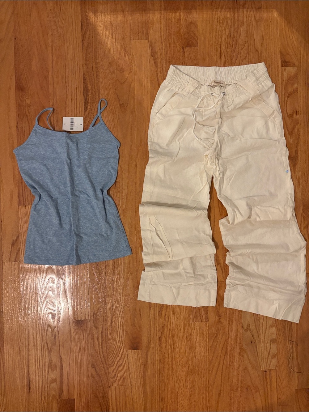 NWT: White Rewind Straight Leg Linen Pants and Heather Blue Forever 21 Tank